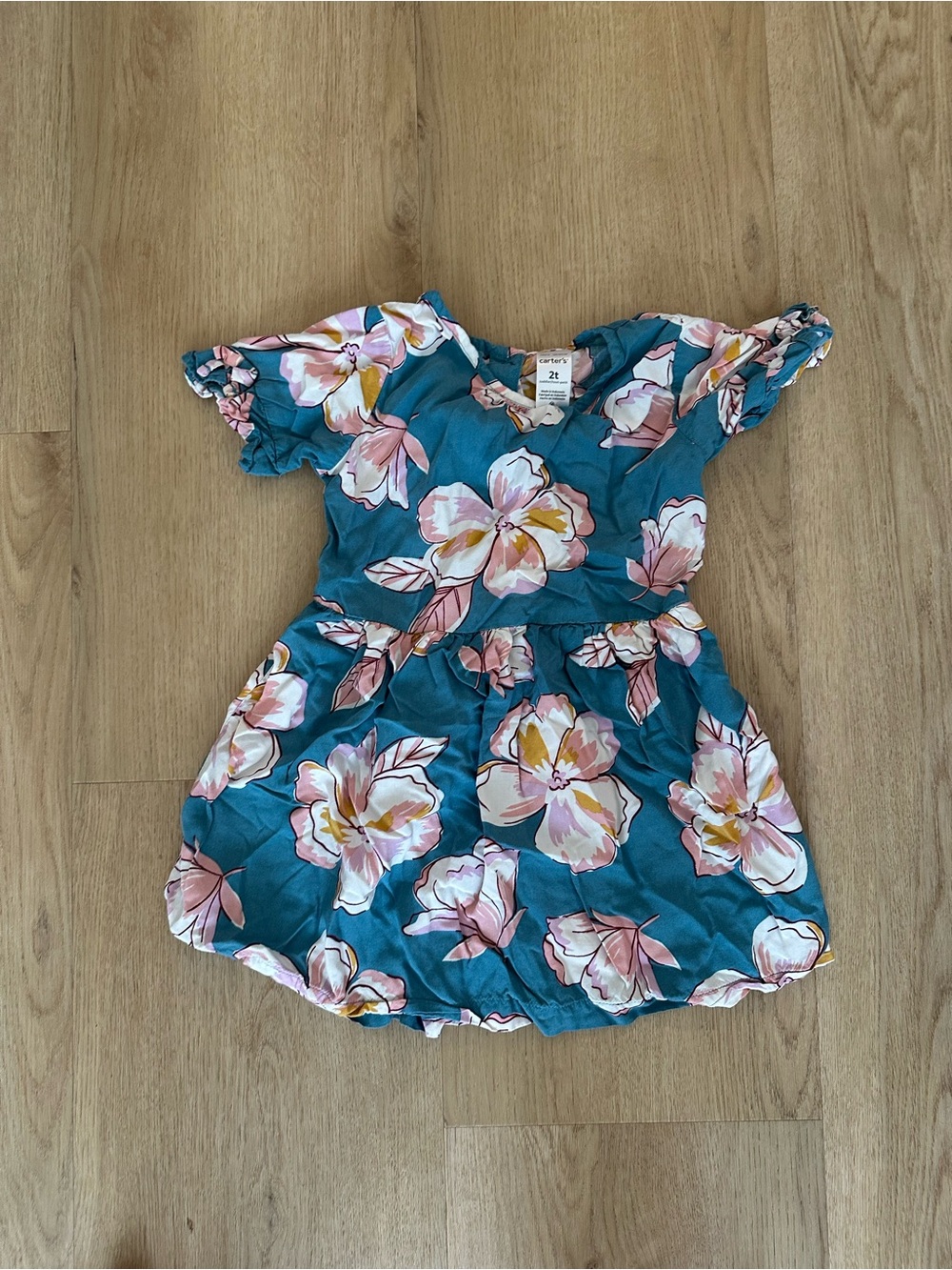 Carter's Teal Floral Ruffle-Sleeve Girls Dress